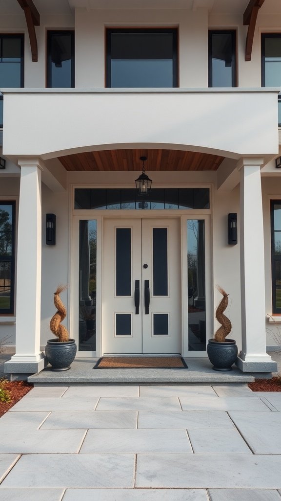 A modern house entryway featuring double doors, stylish planters, and a clean stone pathway.
