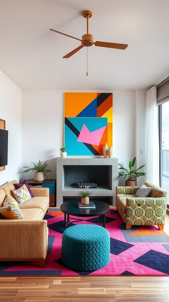 A vibrant living room featuring bold geometric patterns in decor and furniture.