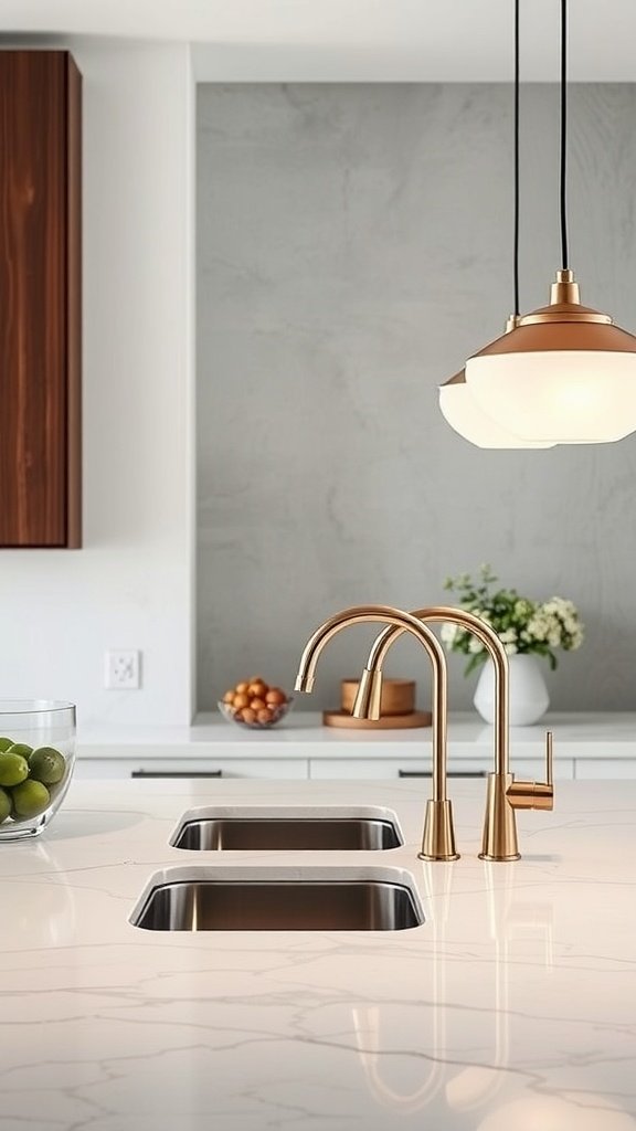 Modern loft kitchen with bold fixtures, featuring a stylish faucet and pendant lights.