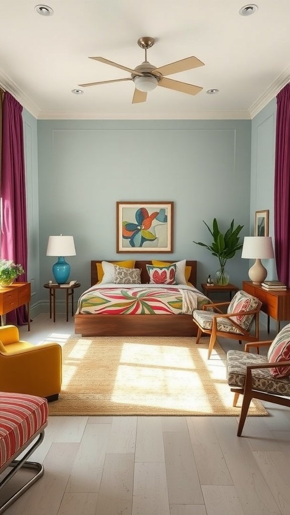 A vibrant living space featuring a colorful bedspread, patterned cushions, and mid-century furniture in a 70s style