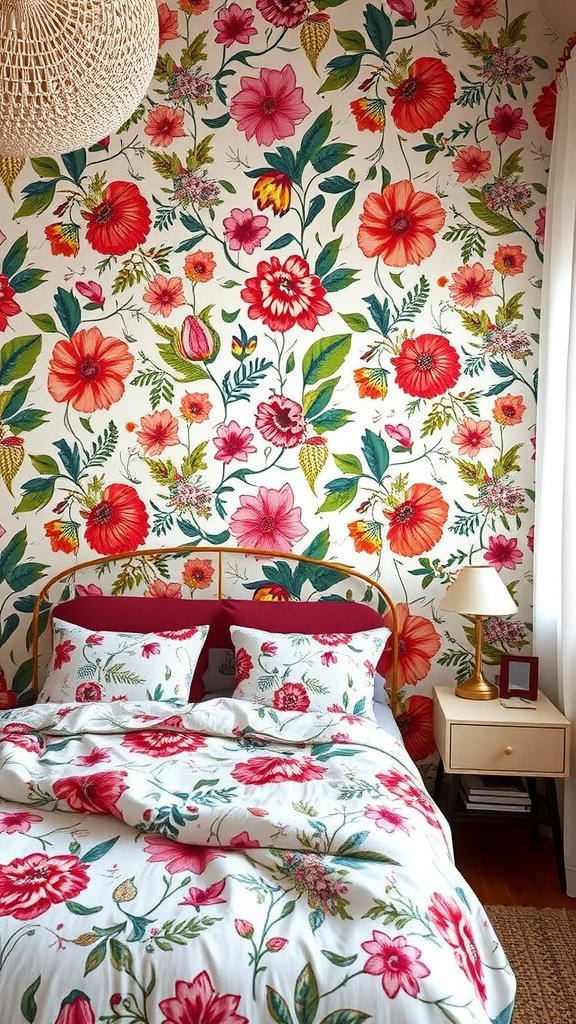A colorful floral wallpaper in a bohemian style bedroom, featuring a bed with floral bedding and a bedside lamp.