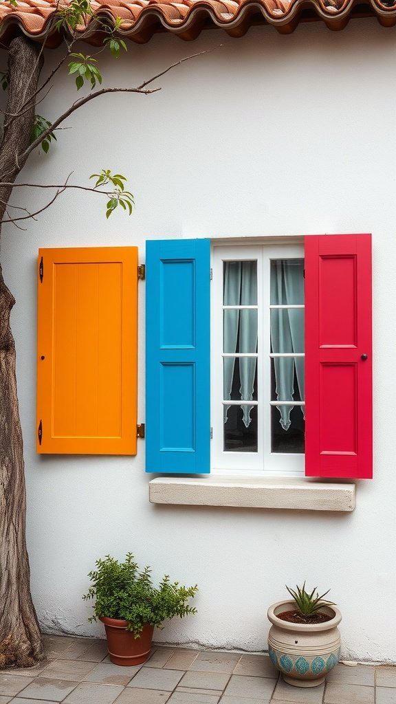 Vibrant window shutters in orange, blue, and red on a white wall with potted plants below.