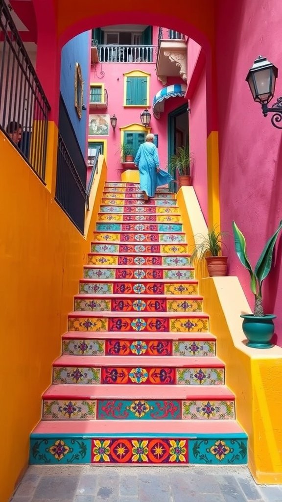 Vibrantly painted staircase with artistic features in a Spanish home