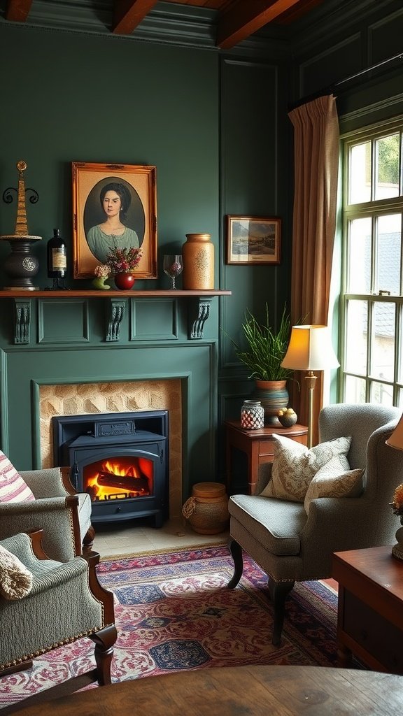 Cozy cottagecore interior with green walls, a fireplace, and vintage decor