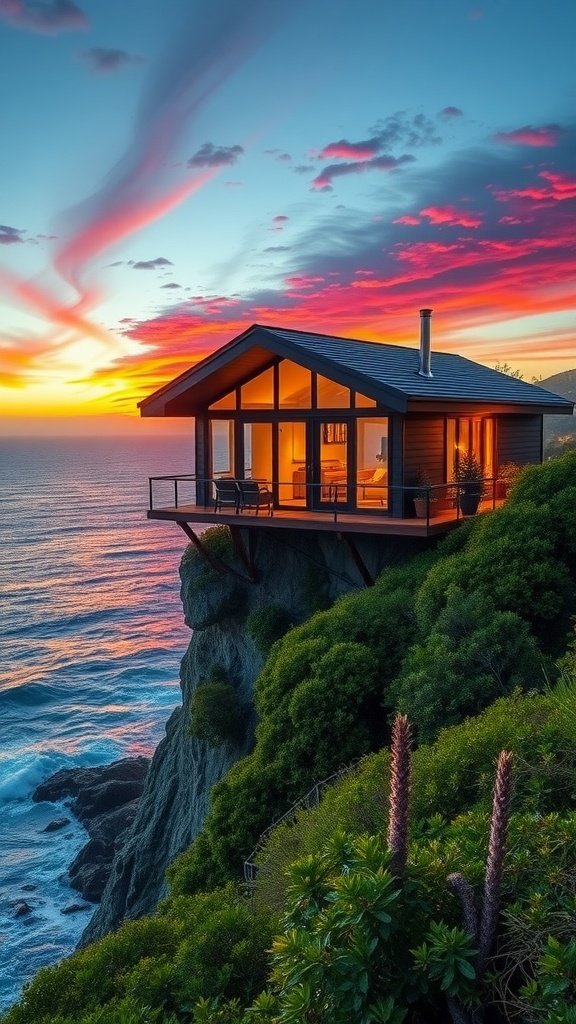 Cliffside tiny house with large windows overlooking the ocean and sunset.