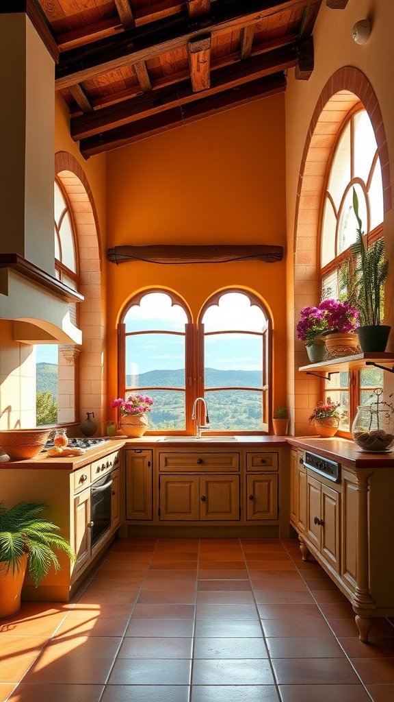 A charming kitchen with arched windows and a view of hills, featuring wooden beams and warm colors.