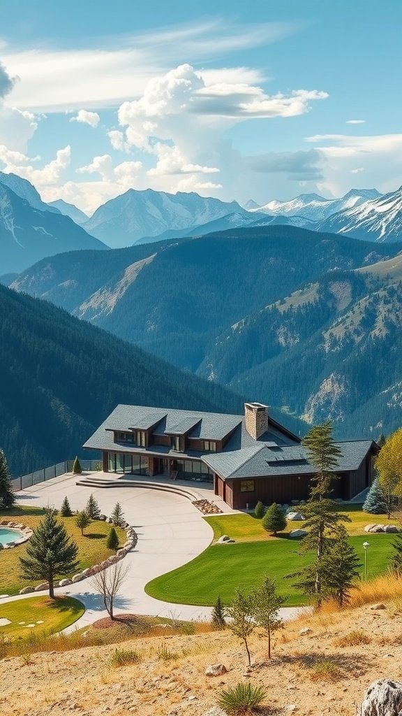 A modern house set in the mountains with a beautiful landscape, featuring a sleek design and large windows.