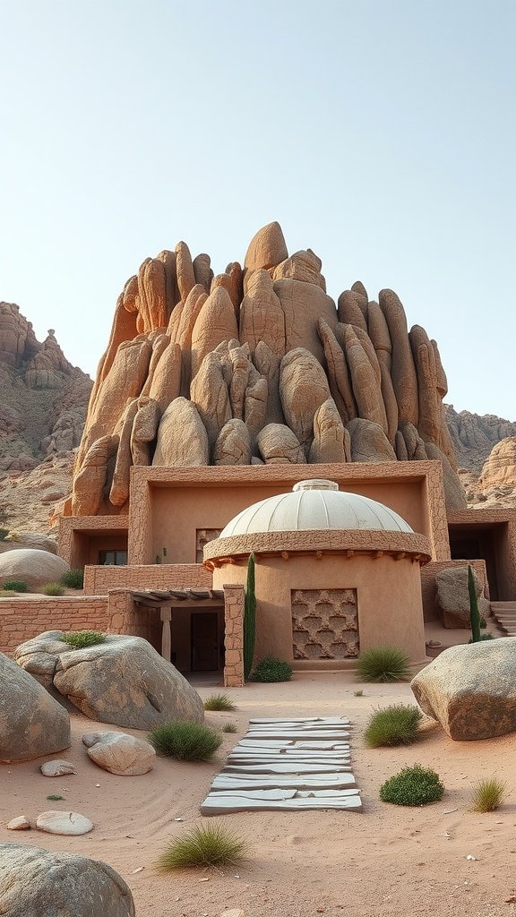A picturesque stone house set against dramatic rock formations in a desert landscape.