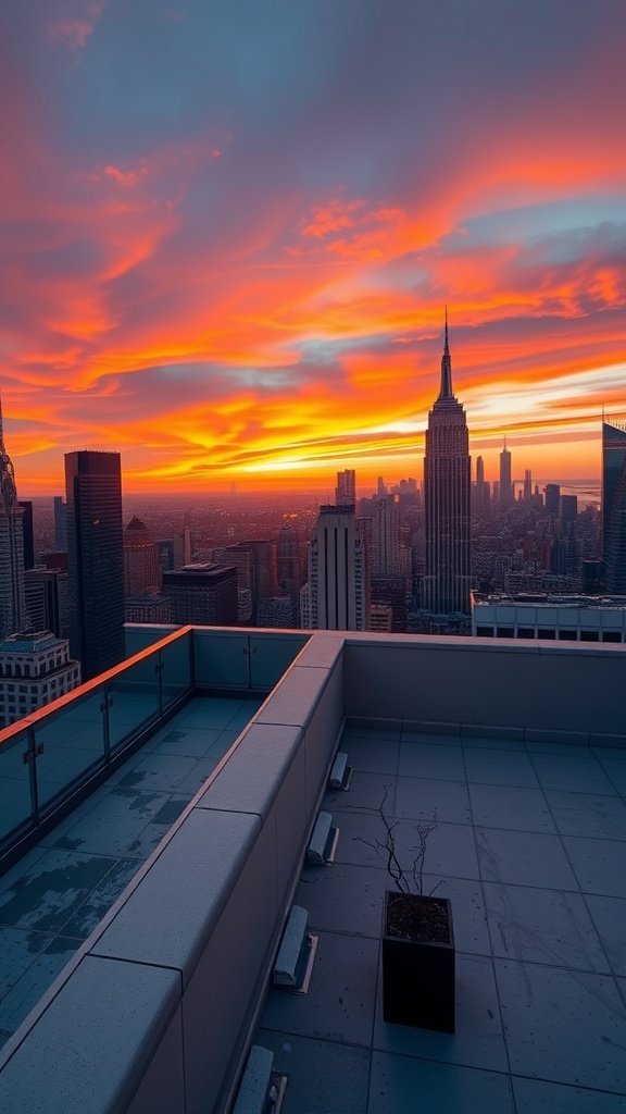 Rooftop view of NYC skyline during sunset featuring the Empire State Building.