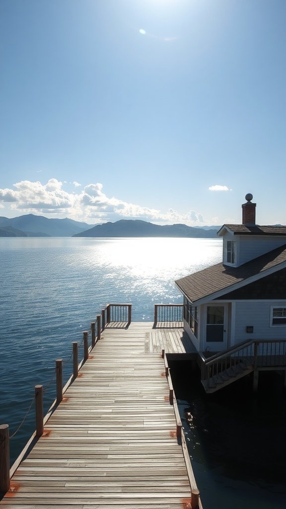 A wooden dock leading to a waterfront farmhouse with mountains in the background and a clear blue sky.