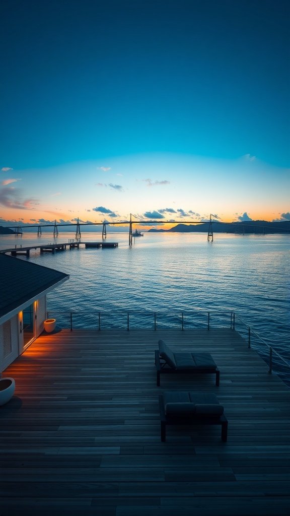 A scenic view of a waterfront property with a deck, leading to a serene body of water.