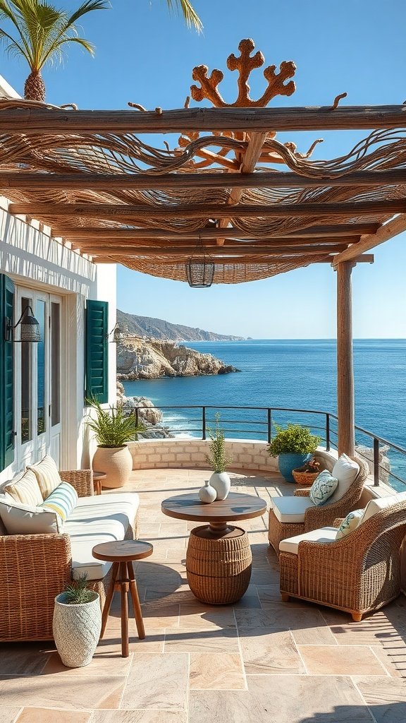 A coastal patio with woven furniture, plants, and a view of the Mediterranean Sea.