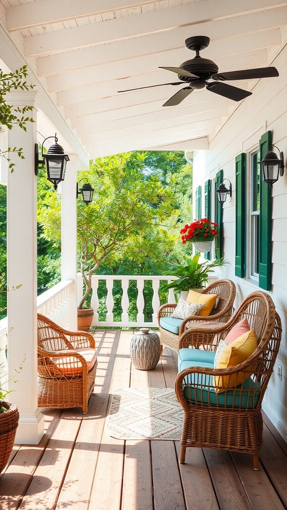 A breezy veranda featuring wicker furniture, colorful cushions, and potted plants, all under a ceiling fan.