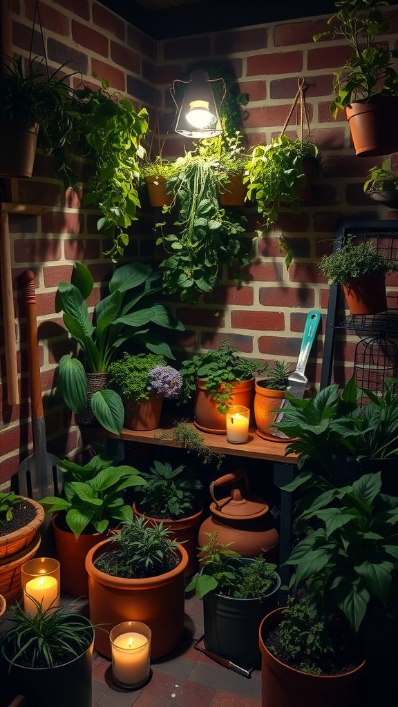 A cozy herb sanctuary with brick walls, potted plants, and soft candlelight.