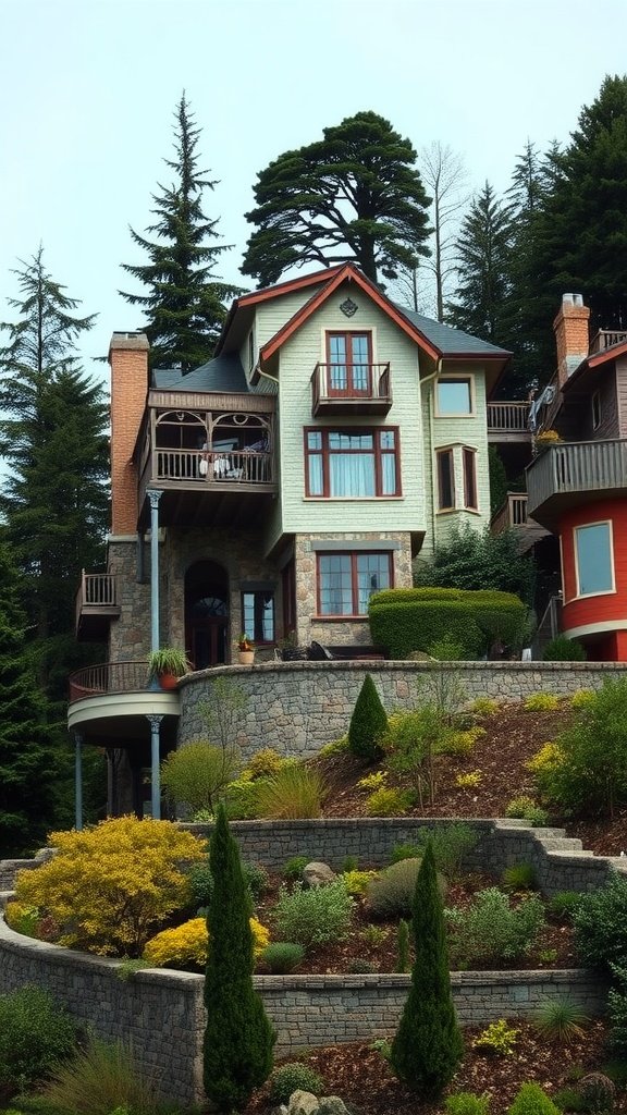 A hillside house surrounded by trees and gardens, showcasing a blend of architecture and nature.