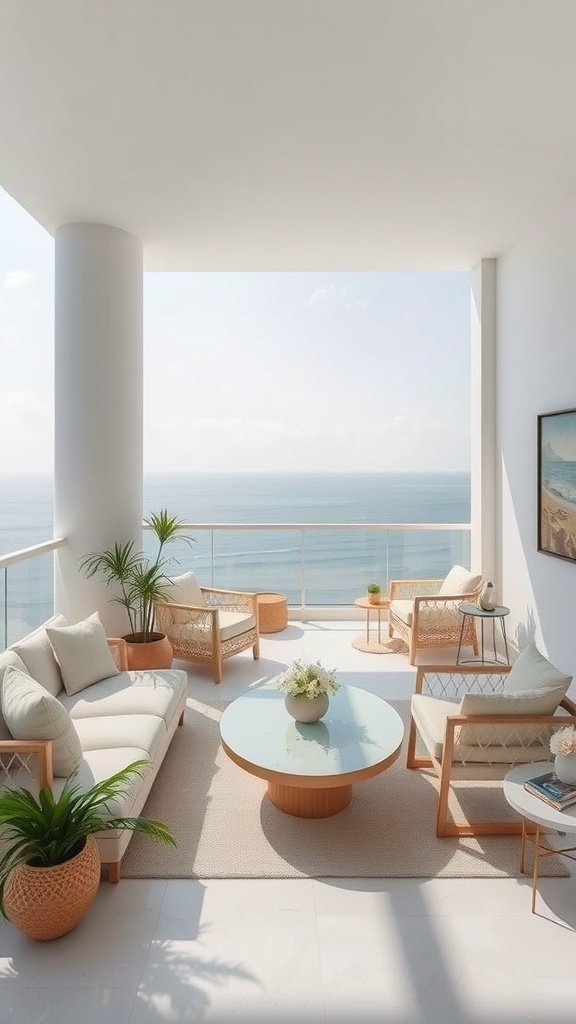 Bright and airy coastal retreat with ocean view, featuring comfortable seating and plants.