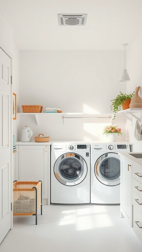 A bright and airy laundry room featuring white walls, modern appliances, and decorative plants.