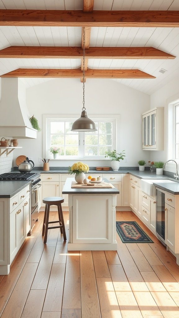 Bright farmhouse kitchen with wood beams, white cabinets, and a cozy island.