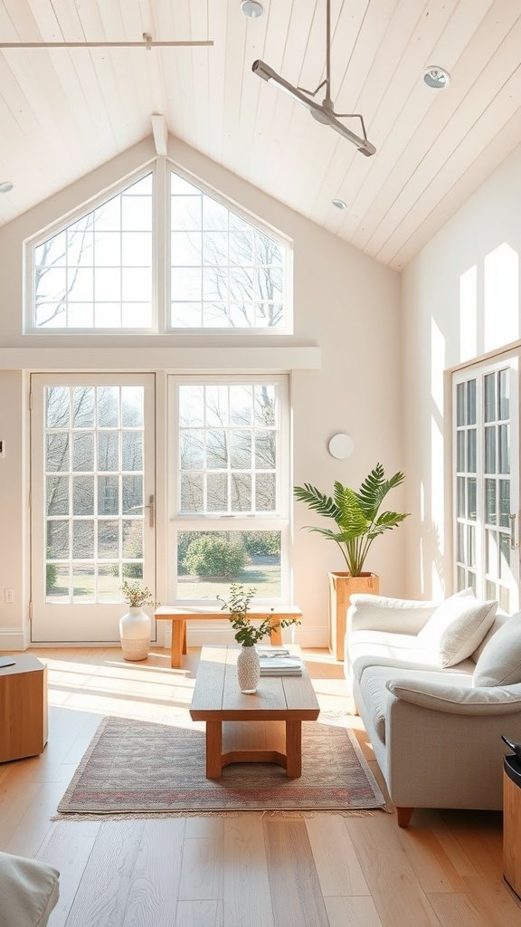 Bright and airy interior of a modern cottage house with large windows and natural light