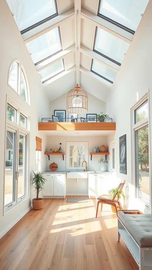 Interior of a bright and airy mid-century modern tiny house with large windows and wooden flooring.