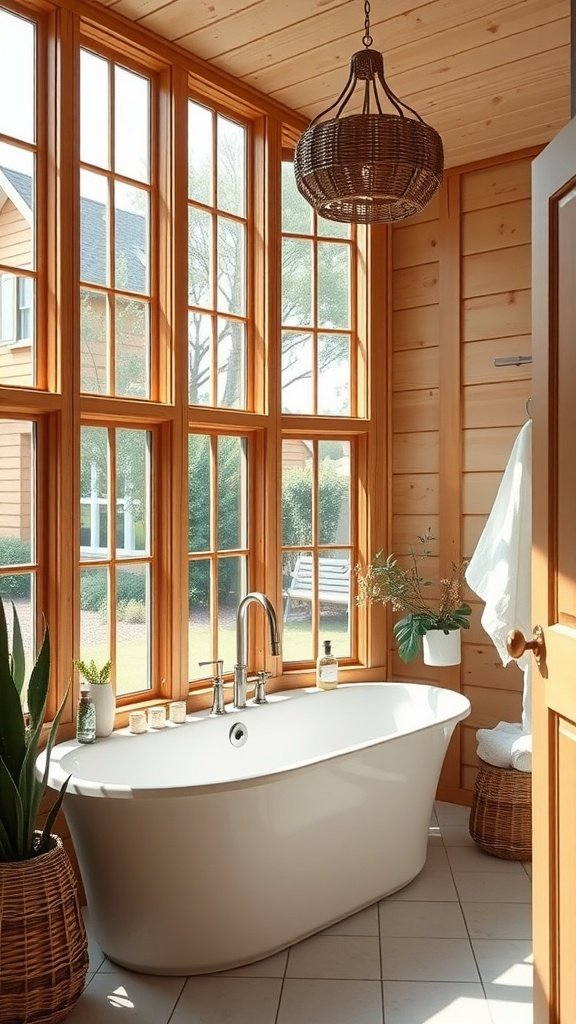 Bright farmhouse bathroom with large windows, a freestanding bathtub, and wooden accents.