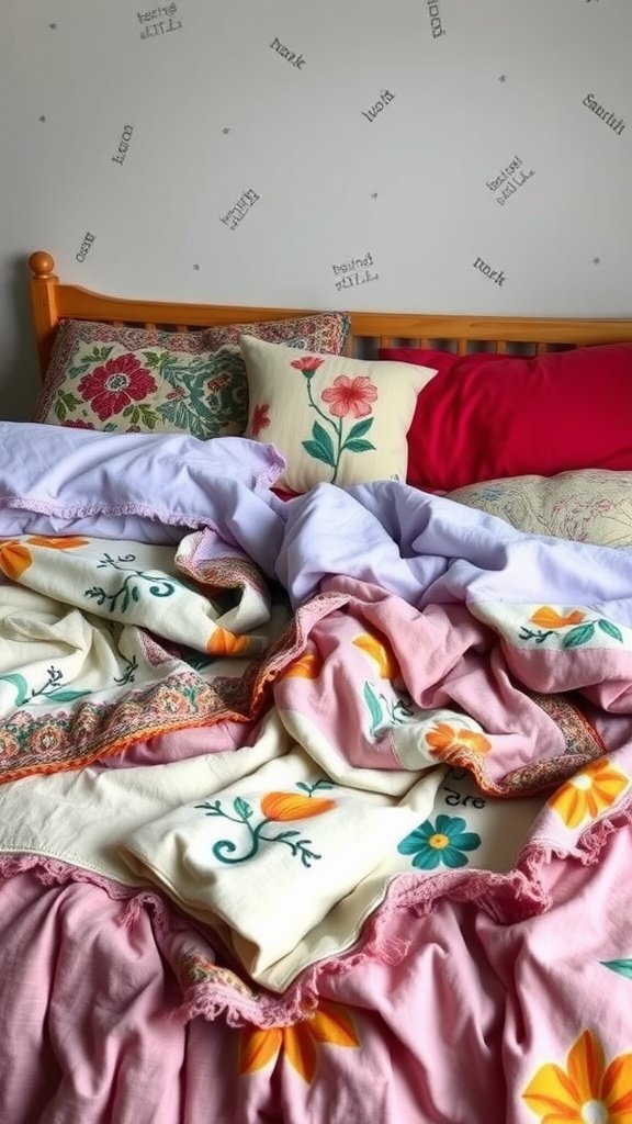 A colorful bohemian-style bedding arrangement with floral patterns and layered textures.