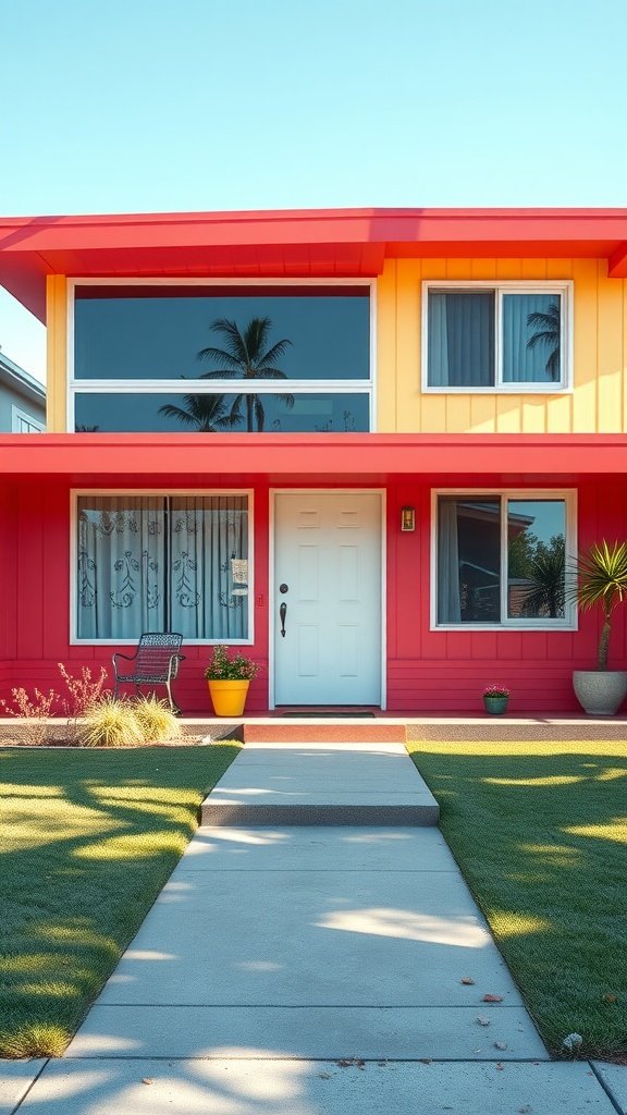 A mid-century modern house featuring bright red and yellow colors with a manicured lawn.