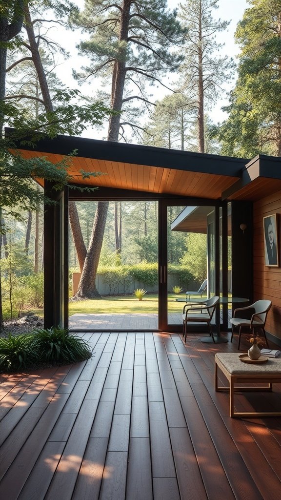 Interior of a mid-century modern cabin with large glass doors opening to a forest view