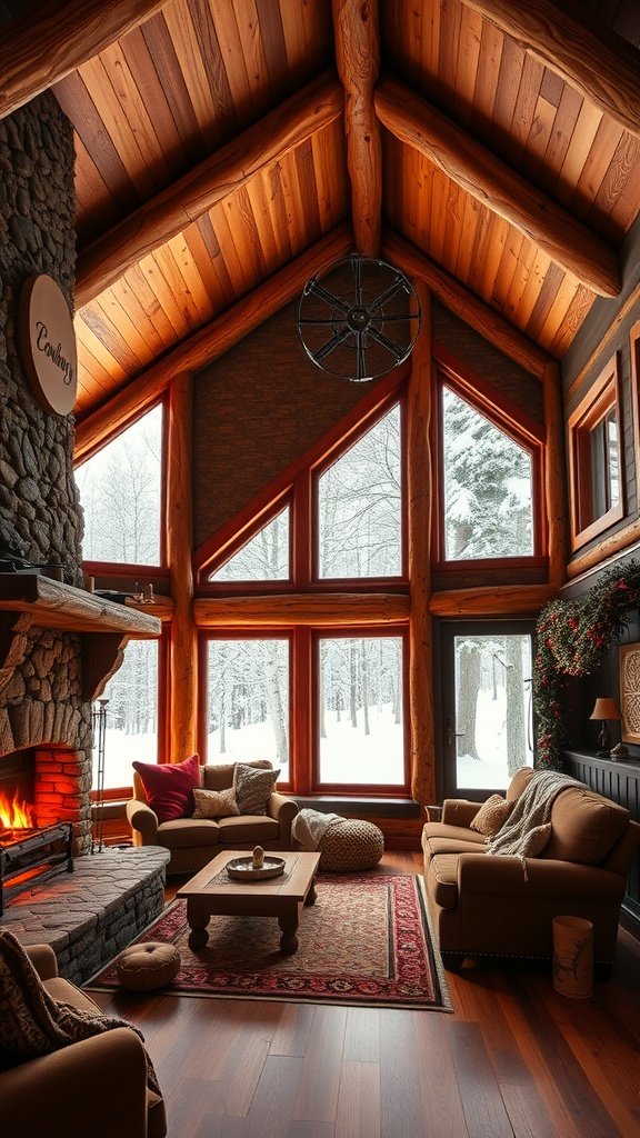 Cozy cabin living room with wooden beams, large windows, stone fireplace, and plush seating, overlooking a snowy landscape.
