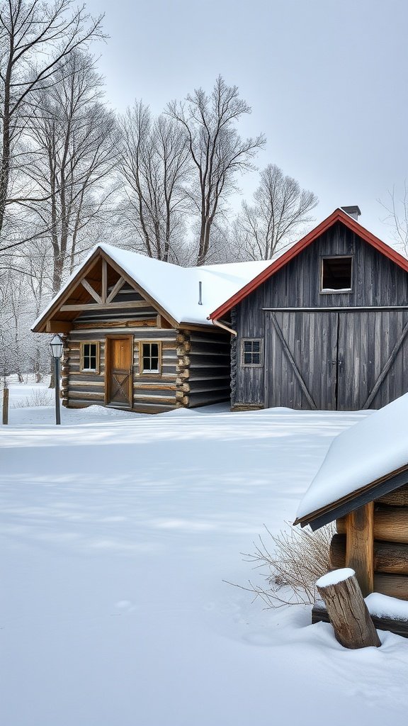 A cozy cabin with a rustic barn in a snowy landscape.