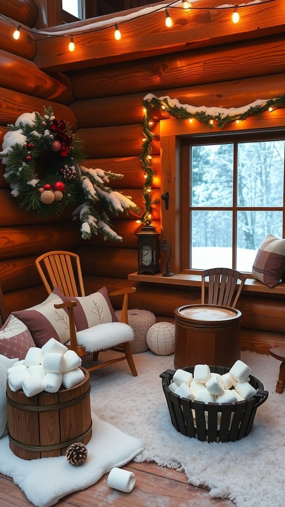Cozy cabin interior with hot cocoa station and marshmallows