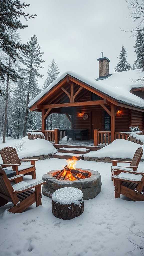 A cozy cabin with an outdoor fire pit surrounded by snow-covered trees.