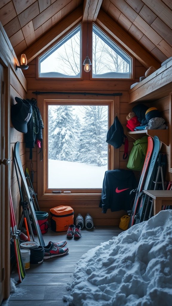 Cozy cabin entrance with winter sports gear and snowy landscape outside