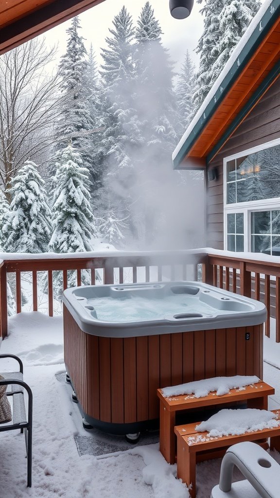 A cozy hot tub on a snowy deck surrounded by pine trees
