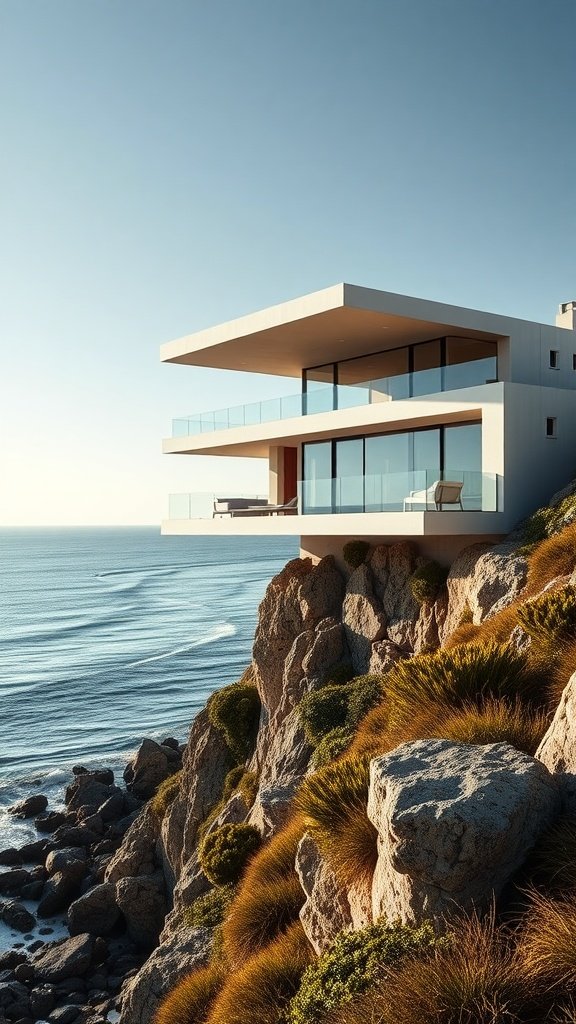 A modern cantilevered house on a cliff overlooking the ocean
