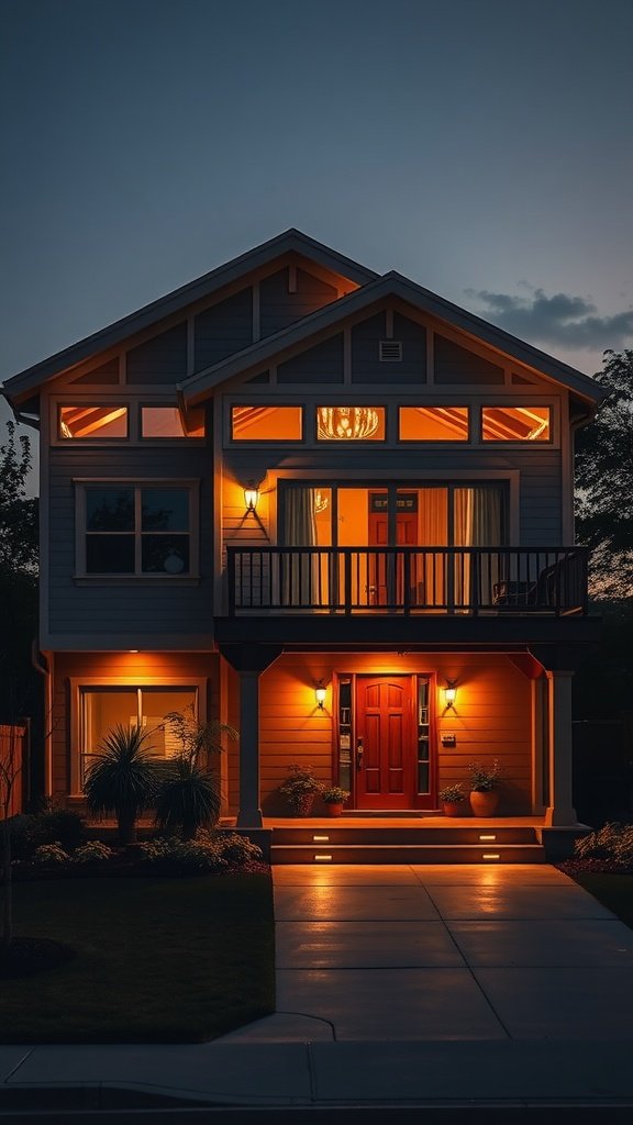 A beautifully lit hillside house at night with warm lights and a welcoming entrance