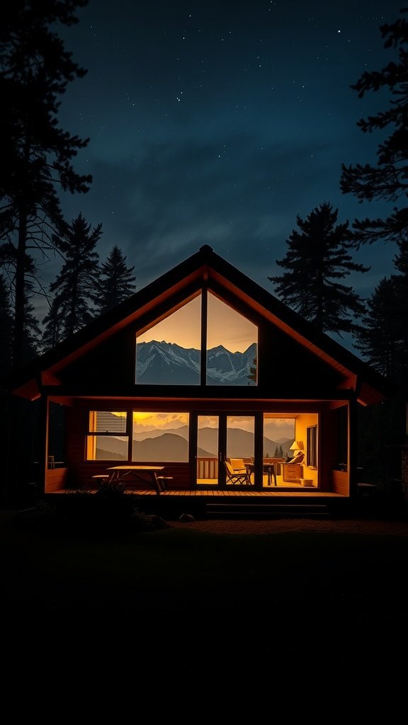 Mid-century modern cabin at night with mountain view and warm interior lighting