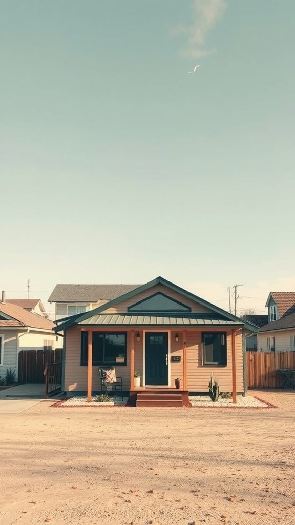 A mid-century modern tiny house with a captivating roofline and welcoming porch