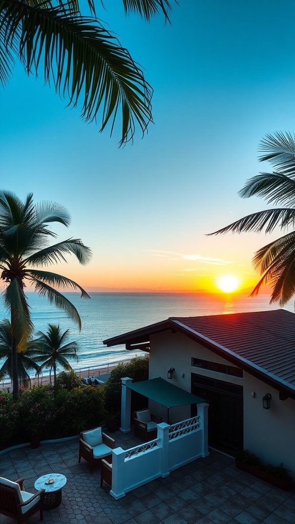 A tropical house overlooking the ocean at sunset, featuring palm trees and outdoor seating.