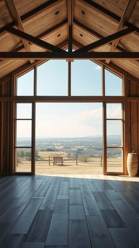 Interior view of a modern barn house with large windows framing a beautiful landscape