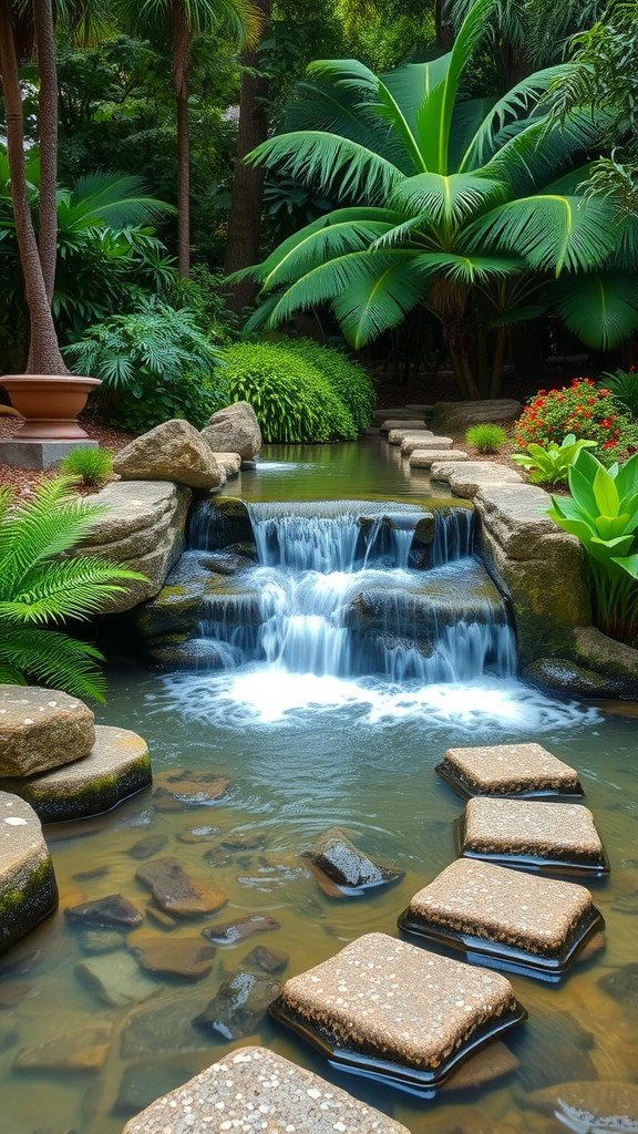 A tranquil cascading water feature surrounded by lush greenery and stepping stones.