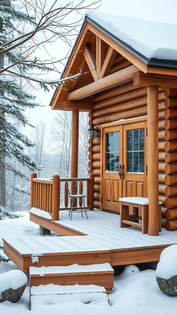 A cozy cedar cabin with an inviting porch, surrounded by snow-covered trees.