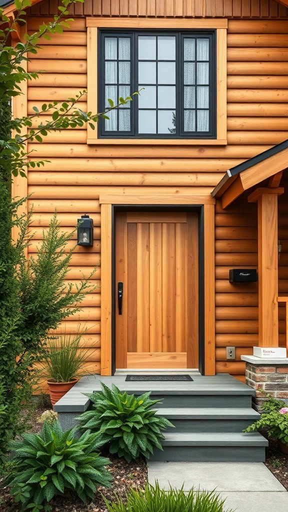 A charming home with cedar wood cladding, featuring a welcoming entrance and lush greenery.
