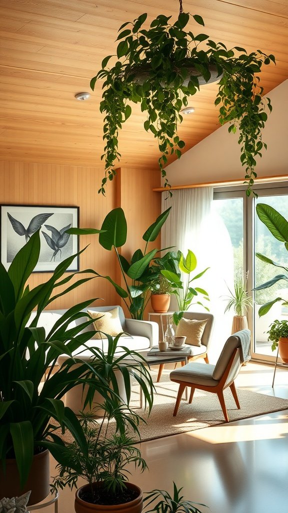 A beautifully designed mid-century modern living room featuring various indoor plants, a wooden ceiling, and stylish furniture.