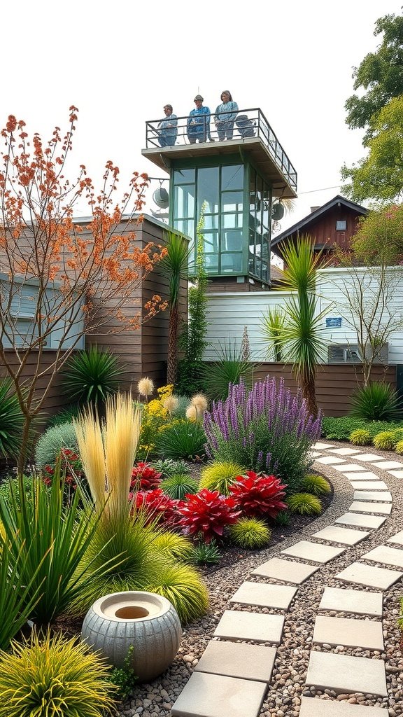 A modern house with a retro tower surrounded by vibrant landscaping, featuring a winding stone path and colorful plants.