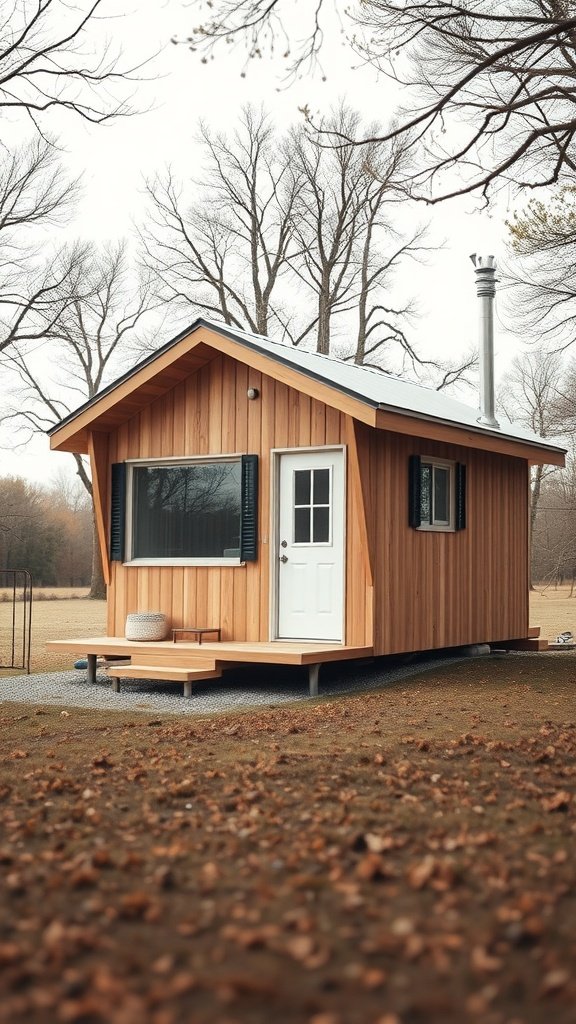 A cozy mid-century modern tiny house with a wooden exterior and large front window, surrounded by bare trees.