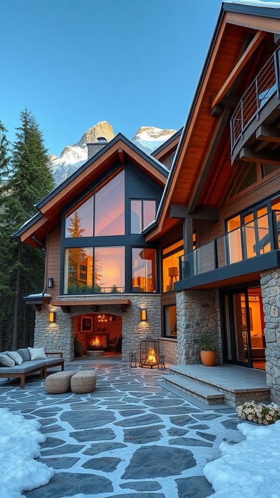 A modern chalet featuring large glass windows and a stone facade, set against a mountain backdrop.