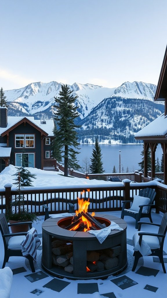 A cozy outdoor fire pit area at a chalet in Lake Tahoe with snow-covered mountains in the background