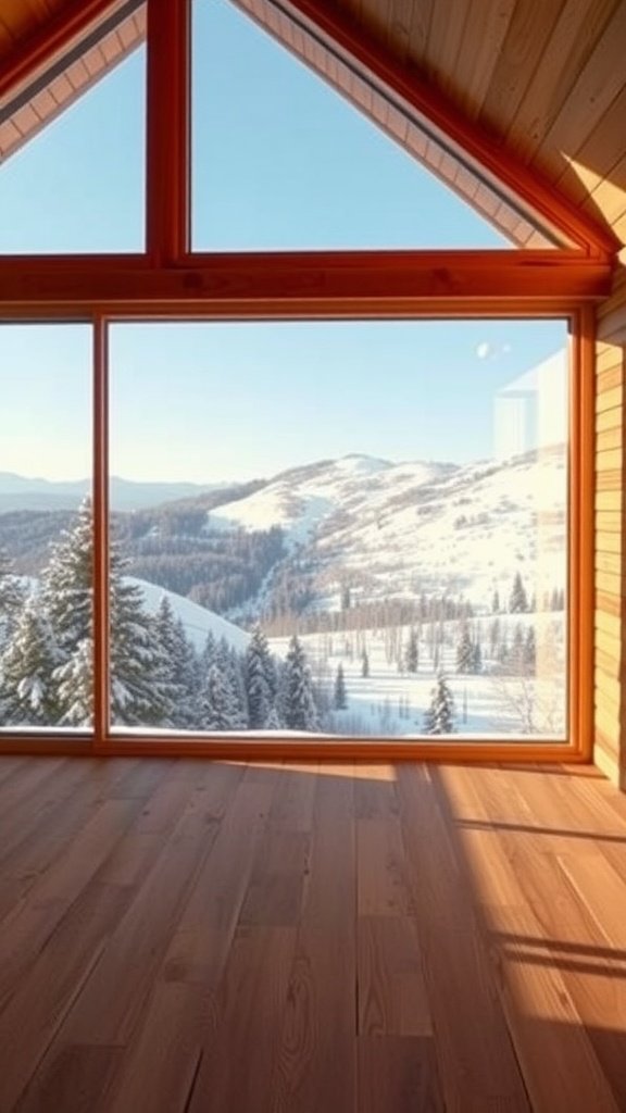 Chalet interior with floor-to-ceiling windows showcasing snowy mountains and trees