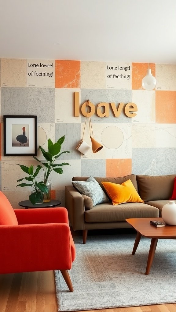 Living room with a colorful accent wall featuring playful text, stylish furniture, and plants.